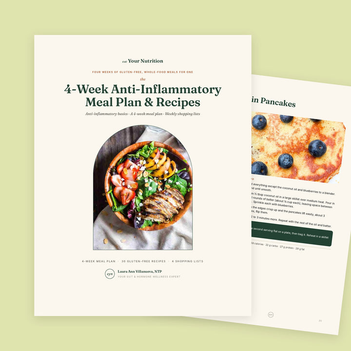 4-Week Anti-Inflammatory Meal Plan & Recipes cover with a chicken and berry salad, shown with the Blueberry Protein Pancakes recipe