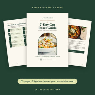 7-Day Gut Reset Guide cover with a fennel slaw photo, shown with the ten steps page and the Enchilada Skillet recipe