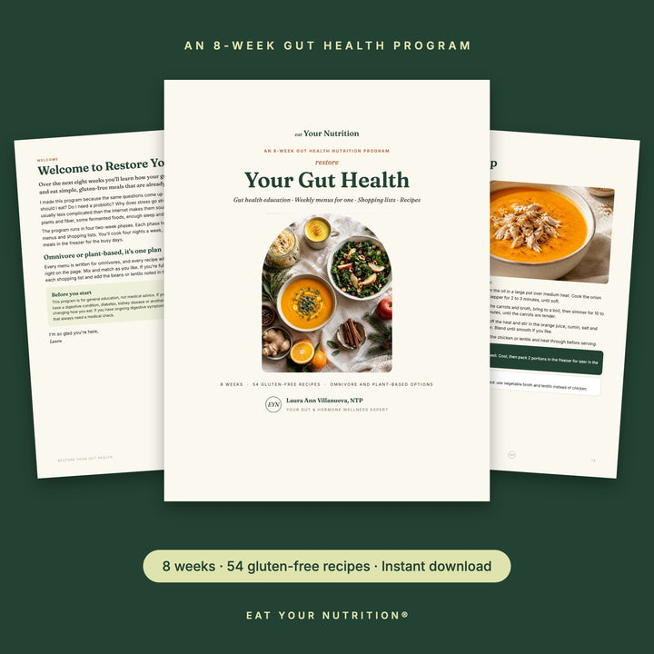 Restore Your Gut Health program cover with a winter table of squash soup, kale salad and golden milk, shown with the welcome page and the Carrot Spice Soup recipe