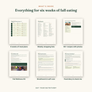 What's inside the Fall Into Healthy Nutrition Challenge: meal plans, shopping lists, recipes, wellness kit and food diary