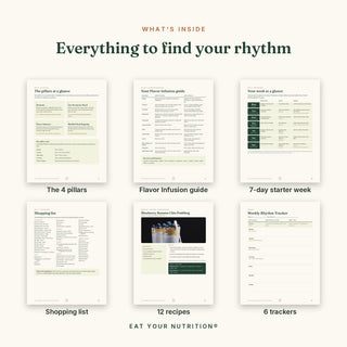 Inside pages: the 4 pillars, Flavor Infusion guide, starter week, shopping list, a recipe and a tracker