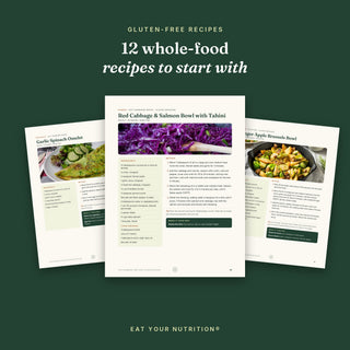 Gluten-free recipe pages: Red Cabbage and Salmon Bowl, Garlic Spinach Omelet, Ginger Apple Brussels Bowl