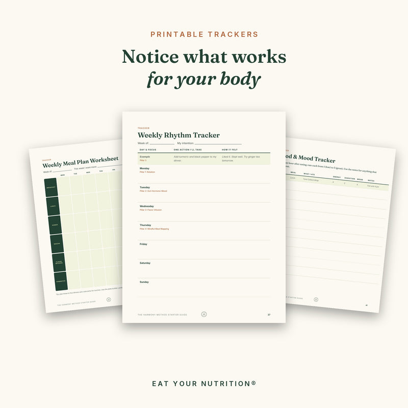 The Weekly Rhythm Tracker, Meal Plan Worksheet and Food & Mood Tracker.