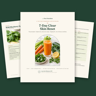 7-Day Clear Skin Reset guide cover with a carrot celery juice, shown with the 7-day meal plan and a smoothie recipe page