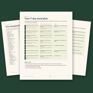 7-day plant-forward meal plan with the shopping list and daily rhythm pages