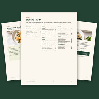 Recipe index of 34 gluten-free, dairy-free recipes with the Cinnamon Cantaloupe Yogurt Bowl and Lentil Mushroom Stroganoff pages