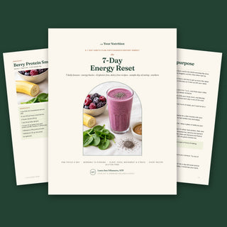 7-Day Energy Reset guide cover with a berry protein smoothie, shown with the Day 1 morning and smoothie recipe pages