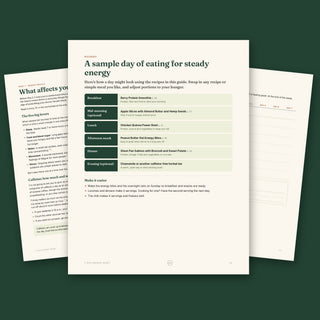 A sample day of eating for steady energy, with the energy basics chapter and daily energy tracker