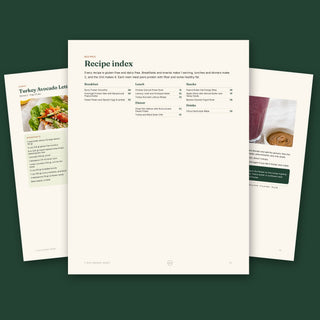 Recipe index of 12 gluten-free, dairy-free recipes with the lettuce wraps and berry smoothie pages
