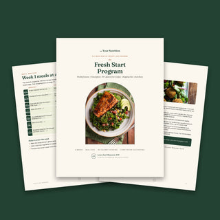 Fresh Start Program cover with the Week 1 meal plan and Falafel Salad Bowl recipe pages