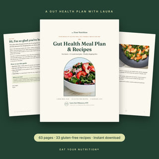Gut Health Meal Plan & Recipes cover with a strawberry kale salad, shown with the welcome page and the Takeout Bowls recipe